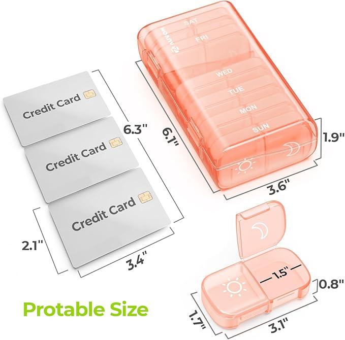 AUVON XL Weekly Pill Organizer 2 Times a Day, Pill Box 7 Day with One-Side Large Openings for Easy to Use, Watermelon Red AM PM Pill Case for Medication, Vitamins, Fish Oils, Supplements