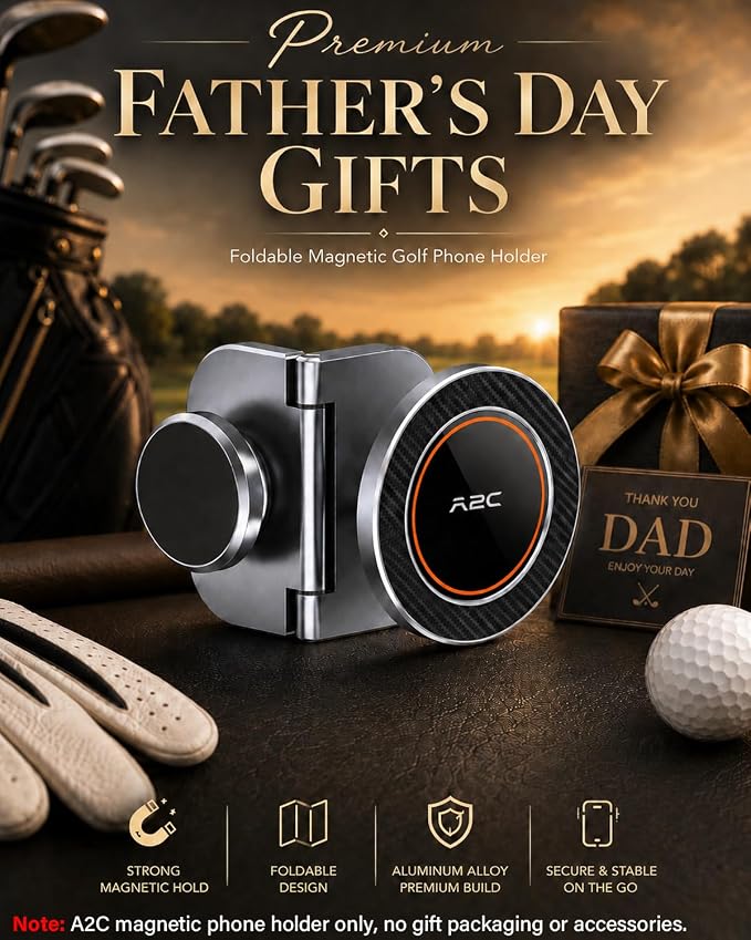 A2C Original Fold-Magnet Golf Cart Phone Holder with Rangefinder Mount, CNC Aircraft-Grade Aluminum Alloy, Premium Fathers Day Golf Gifts for Men Dad Him Women, Golf Accessories Essentials Gadgets