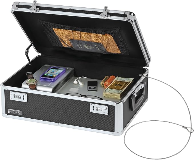 Vaultz Locking Storage Chest with Dual Combination Lock-Small Lock Box for Laptops, Tablets & Valuables, Lockable Storage Box with Code, Keyless Lockbox for Dorm, Home & Travel 18.11" x 12.99" x 6.18"