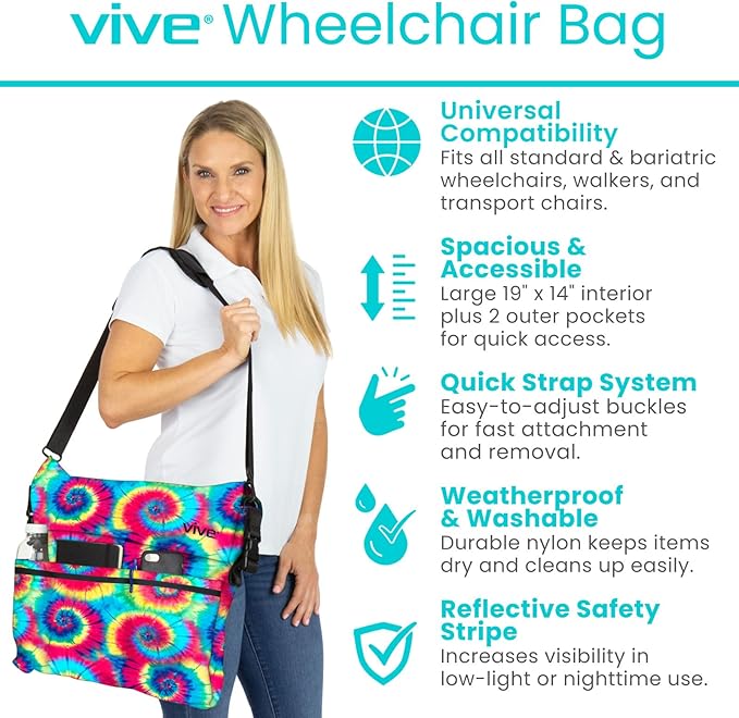 Vive XL Wheelchair Accessories Bag - Waterproof, Scratch-Resistant, Double-Stitched, Machine Washable for Adults, Seniors, 15 Colors - Storage Walker Backpack to Hang on Back