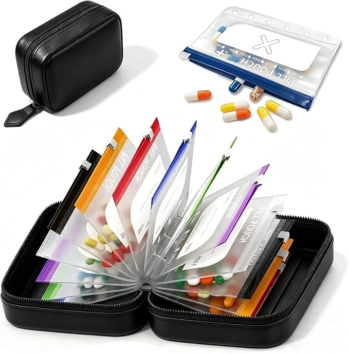 Travel Pill Organizer Binder with 14 Color-Coded Zipper Pouches (1Black) | Waterproof PU Exterior • Flexible 3-Ring System • Writable Labels • Crush-Resistant Shell
