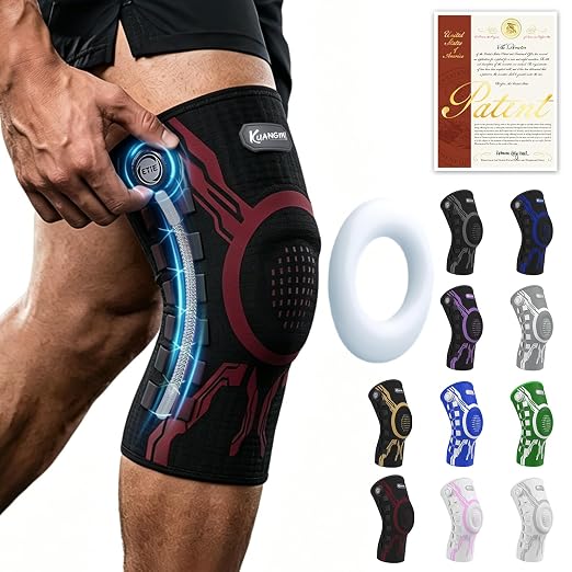 Kuangmi Knob Knee Brace for Pain Relief, Knee Support with Patella Gel Pad & Side Stabilizers, Compression Knee Sleeve for Workout, Arthritis, Joint Pain, Meniscus Tear (Red Black,Right,XX-Large,Single)