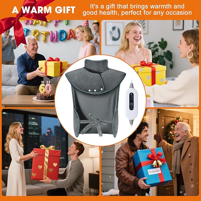 Heating Pad for Back Neck Shoulders, Large Wearable Relax Muscles, Birthday Gifts for Women Men Mom Dad Elderly, 3 Heat Settings/2-Hour Safe Auto-Off, 24"×37" Ergonomic Fit Design-Gray