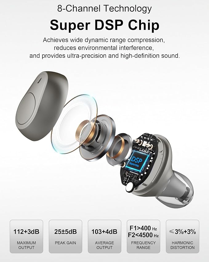Rechargeable In-the-Ear OTC Hearing Aids for Adults Seniors, Smart Noise Cancellation, HD Sound, 3-Level Volume, 18-Hour Battery with Recharging Case, for Mild to Moderate Hearing Loss