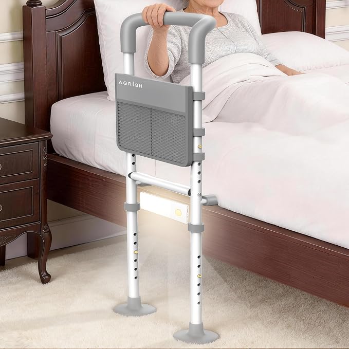 Agrish Bed Rails for Elderly Adults Safety, Adjustable Bed Rails for Seniors Supports 350LBS with Motion Lights & Storage Pocket, Stable Bed Cane with Non-Slip Grip, Tool-Free