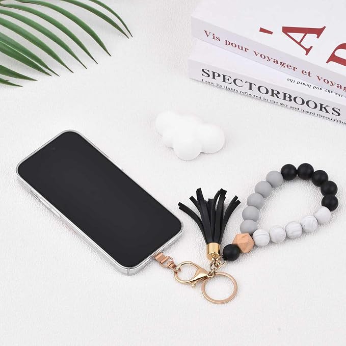 BAOSIWA Silicone Key Ring Bracelet Wristlet Keychain Unique Beaded Bangle Key Chains for Women with Leather Tassel