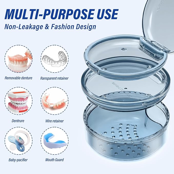 Denture Case Retainer Cleaning Case: 2 in 1 Retainer Case, No-Leak Denture Bath Box Cup, Complete Clean Care for Dentures, Clear Braces, Mouth Guard, Night Guard & Retainers