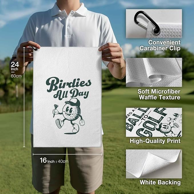 Funny Golf Towel with Clip,Retro Golf Bag Accessories for Women, Birdies All Day Golf Gifts for Mom Grandma Player, 16x24 Waffle Weave Microfiber,Birthday Christmas Retirement Golfer Gifts