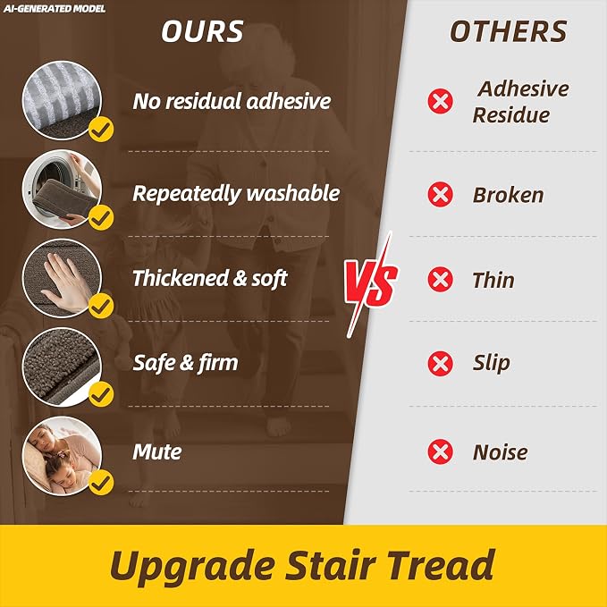 JSEI Stair Treads for Wooden Steps Indoor, 15-Pack, 30" x 8", Light Brown | Non Slip Stair Treads, Washable Polyester Stair Mats with TPE Backing, Low Profile Stair Rugs for Kids, Seniors and Dogs