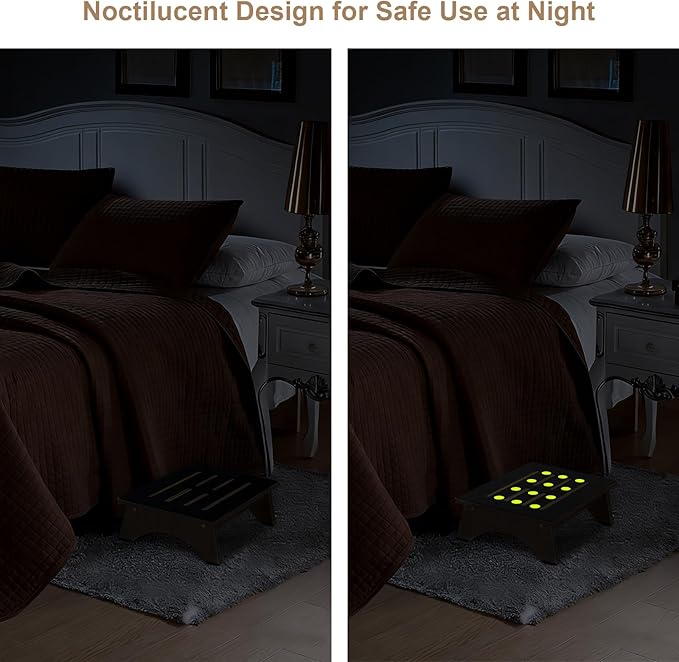 One Step Stool for Adults Seniors with Noctilucent Non-Slip Rubber Stepping Surface, 5.5" Portable Single Wooden Riser, 450 LBS Capacity for Bedroom Kitchen Bathroom, or Bedside, Senior Support -Brown