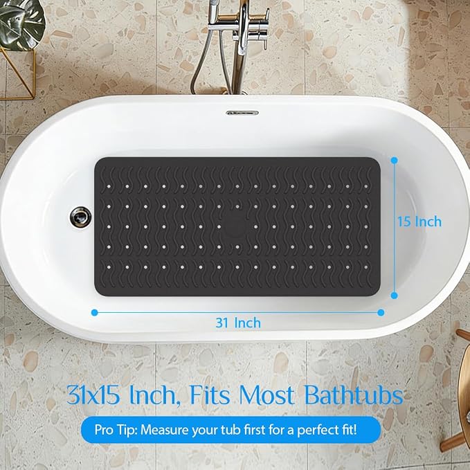 Non Slip Bathtub Mat & Shower Mat, 31x15'' Anti Slip Bath Mat for Tub, Soft TPE Anti-Skid Bathroom Mat with 194 Suction Cups & Drain Holes, Wave-Textured Grip, Machine Washable, Black