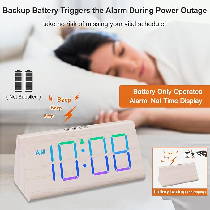 DreamSky Wooden Digital Alarm Clock for Bedroom with RGB Large Numbers | Electric Desk Clock, USB Port, Loud Alarm for Heavy Sleepers, Dimmer and Volume Control, Snooze, Wood Décor, Adapter Powered