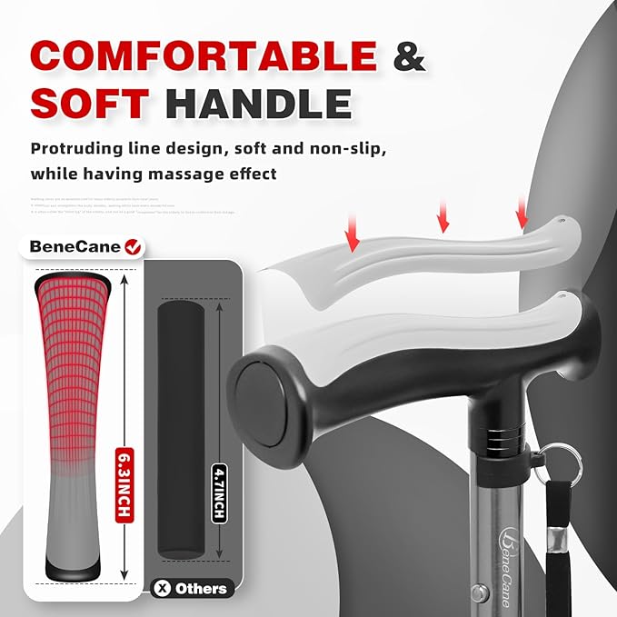 BeneCane Walking Cane for Men & Women Walking Stick for Seniors Folding Canes Quad Cane Adjustable Lightweight Sturdy Collapsible Heavy Duty with Soft TPR T-Handle and Travel Bag