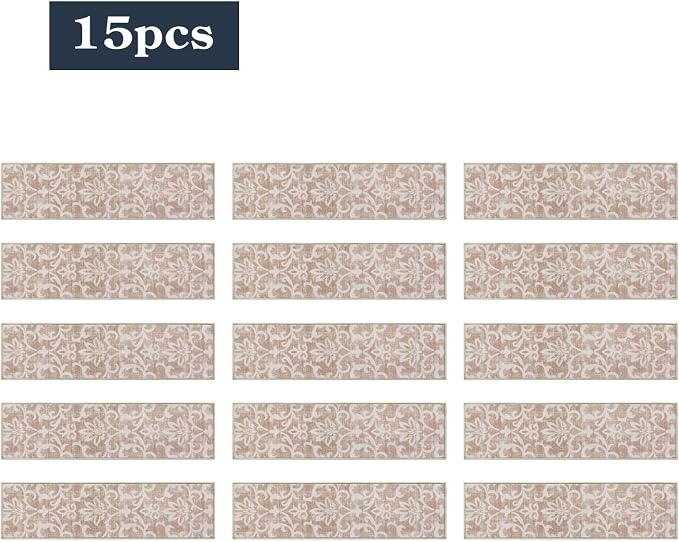 Lahome Carpet Stair Treads Non Slip Backing, 15 Pack 8" X 30" Stair Treads for Wooden Steps Indoor, Soft Washable Stairway Stair Runners Oriental Staircase Rugs for Kids Pets Elders(15pc, Beige)