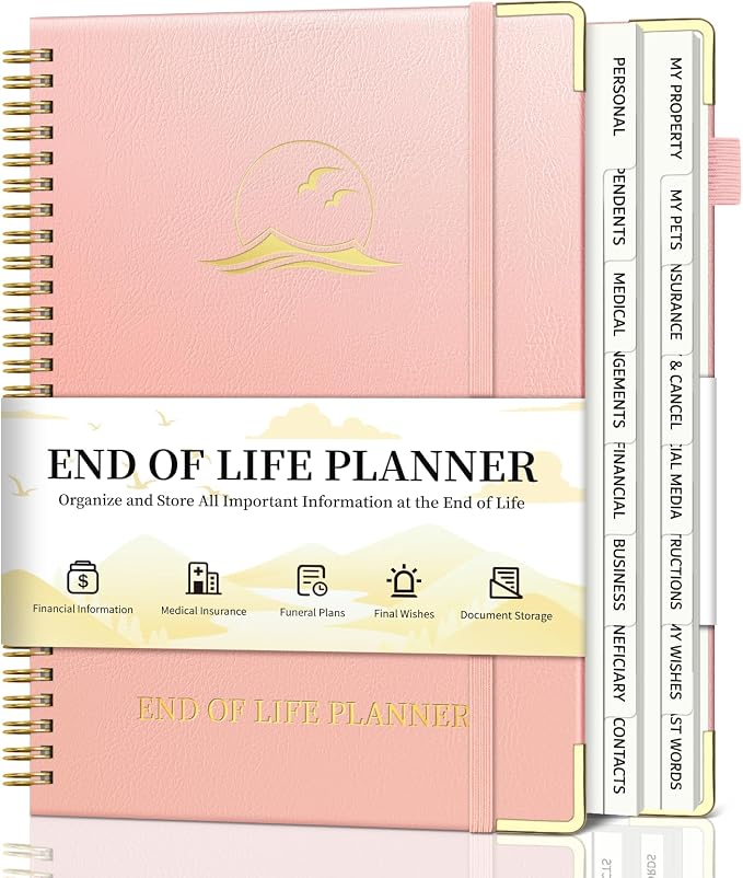End of Life Planner, Estate Planning Organizer with Tabs for Senior, Spiral Funeral Planning Book with Large Font, Gold Corner Guards & Inner Pocket for Will Preparation, 7.36" x 10.4", RoseGold