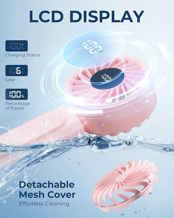 Peiyuu Handheld Portable Fan, 4000mAh USB Rechargeable Personal Fan, 180° Foldable Mini Desk Fan with 6 Wind Speed, LCD Digital Display, Lanyard as Neck Fan, Ultra Quiet