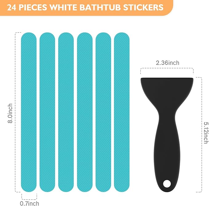 Non Slip Bathtub Stickers, 24 PCS Shower Stickers for Safety Bathroom Tubs, Bathtub Non Slip Stickers and Adhesive Decals Scraper for Bath Tub, Shower Floor, Stairs, Ladders (Blue)