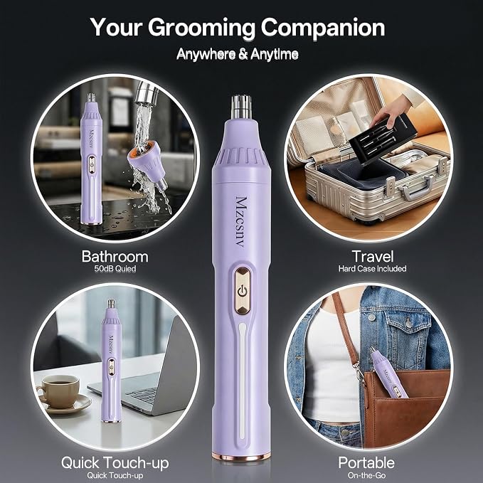 Rechargeable Nose Hair Trimmer - 4-in-1 Ear Eyebrow Beard Grooming Kit for Men & Women, Waterproof Quiet Motor, Fast Charging | 11000 RPM | Portable Travel Size Nose Trimmer Beard Trimmer (Purple)