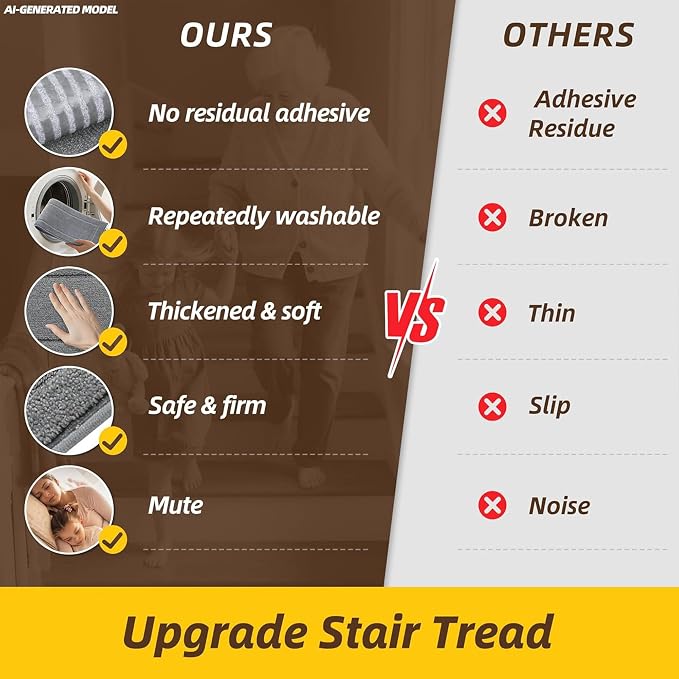 JSEI Stair Treads for Wooden Steps Indoor, 4-Pack, 30" x 8", Light Grey | Non Slip Stair Treads, Washable Polyester Stair Mats with TPE Backing, Low Profile Stair Rugs for Kids, Seniors and Dogs