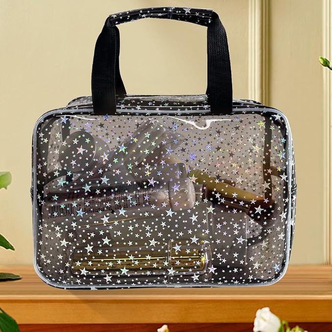 Black Holographic Star Cosmetic Bag for Women 11.8x5.1x8.2 Inches Portable Travel Toiletry Bag with Handles,Durable PVC Material,Zipper Design-Ideal Large Clear Makeup Organizer