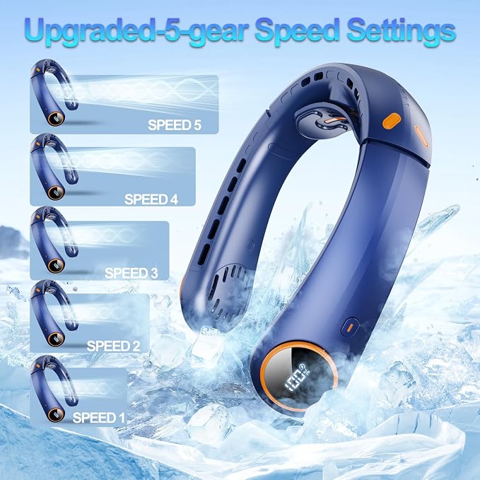 Portable Neck Fan, 5000mAh Bladeless Fan with 3 Built-in Fans, Instant Cooling 360° Surround Airflow & LED Display, Wearable Personal Fan for Outdoor, Travel, Gifts for Women Men (Blue)