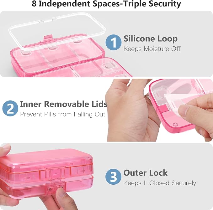 FYY Weekly Pill Organizer with Labels,8 Compartments Travel Daily Pill Case Airtight Moistureproof Large Pill Box to Hold Vitamins, Fish Oil, Supplements,Cotton Swab and Bandages-Hot Pink
