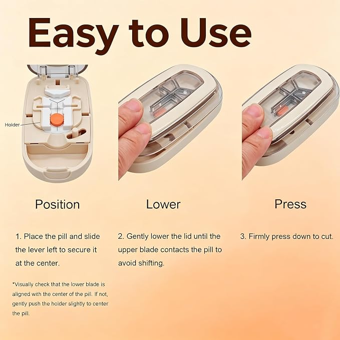 Pill Cutter for Small Tiny and Large Pills, Dual Blade Pill Splitter for Clean and Precise Cuts into 1/2, 1/3, 1/4, with Centering Device, Storage Organizer, Portable & Easy-Grip Design