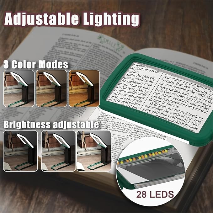 10X Magnifying Glass with Light and Stand, Real Glass Lens, Rechargeable Foldable Handheld Magnifier, 3 Color Modes Dimmable Lighted Page Magnifier for Reading Fine Prints, Seniors, Green Black