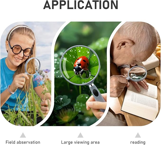 Feosky Handheld Reading Magnifier, 10X Magnifier, 75mm Shatterproof Lens, Non-Slip Handle for Adults Close Work, Seniors Reading and Nature Exploration, Hobby Observation(Grey)