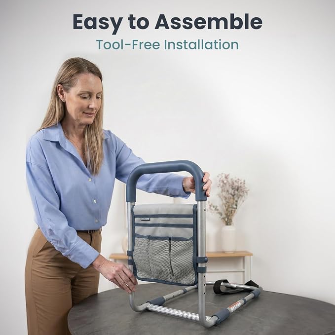 PELEGON Bed Rails for Elderly Adults Safety, ASTM Compliant, Adjustable Bed Rail with Non-Slip Ergonomic Handle and Storage Pockets, Bed Railings for Seniors Supports up to 300 lb, Tool-Free Assembly