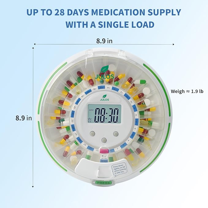 JULOS 28-Day Automatic Pill Dispenser for Seniors with Alarm | Flashing Light & Loud Alert, Key Lock Security, Up to 6 Daily Doses, Medication Reminder for Seniors, Dementia & Caregivers
