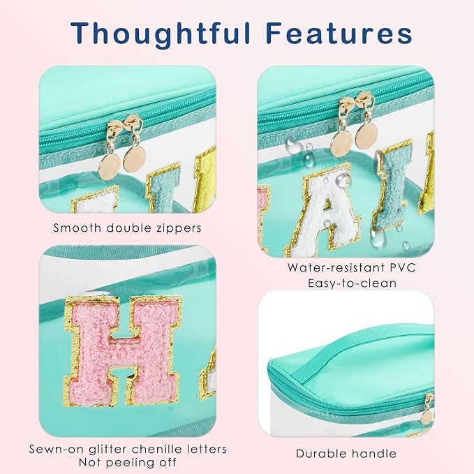 Personalized Chenille Letter Clear Hair Makeup Bag, Large Size Waterproof Nylon Cosmetic Toiletry Storage bag with Top Handle, Transparent Meds Hair Travel Organizer Cosmetic Bag(05Hair-Green)