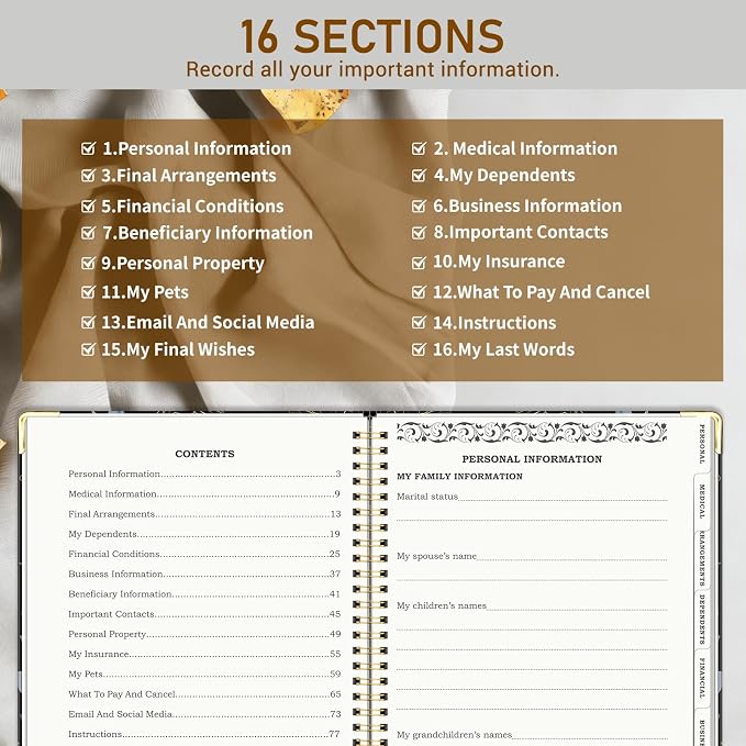 Peace of Mind Planner, Spiral End of Life Planner with Tabs for Senior, Guided Estate Planning Organizer for Final Arrangements & Important Affairs, 7.9"x10.6", Black