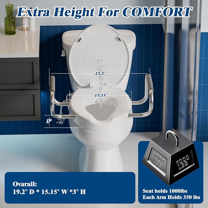 Clirass Raised Toilet Seat with Handles and Bidet Attachment,Elongated - Non-Electric Bidet with Dual Nozzles - Elevated Toilet Risers for Seniors & Limited Mobility - Easy Install & Clean