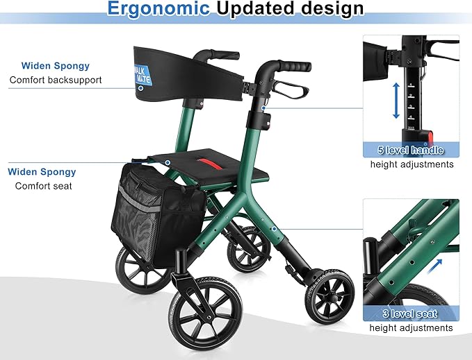 WALK MATE Rollator Walker for Seniors Taller 5.3~7ft with Height-Adjustable Seat, 10 Inch Wheels Wire-Hidden Walkers Compact Folding Design Lightweight Mobility Walking Aid Widen Backrest, Green