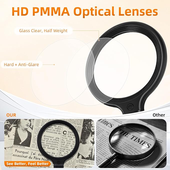 Magnifying Glass with Light for Reading & Crafts, 3-in-1 Rechargeable Neck Magnifier with Comfort Sponge, 5X 10X Optical PMMA Lens, 30 LEDs (3 Colors), Hands Free Magnifier for Seniors, Sewing