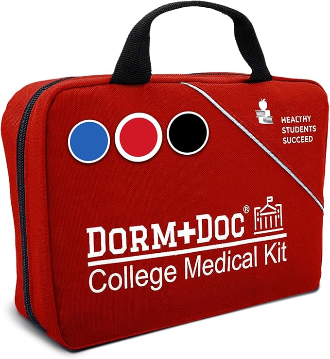 College First Aid Kit – Compact Emergency Medical Kit for Dorm Rooms, School, Sports – with Bandages, OTC Medicines for Relief, Gauze, Quick Care Set – Portable Health Kit - 175 PCS, Red