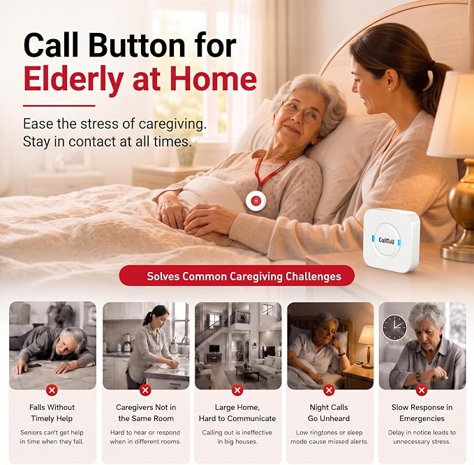 CallToU Wireless Caregiver Pager 2 Call Buttons+2 Battery-Powered Receivers | Easy Setup, Loud Whole-Home Alerts, Peace of Mind, Waterproof Call Button for Elderly, Seniors, Patients and Home Caregivers