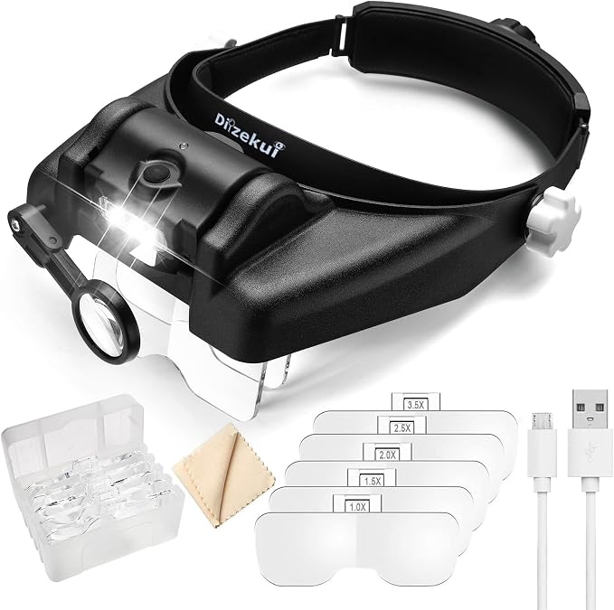 Dilzekui Magnifying Glass with Light 1X-14X, Rechargeable Headset Magnifier | 2 Lens Slots,Detachable Acrylic Magnifying Glasses Lens, Adjustable 2 Lightness, Head Magnifier for Close Work Jewelry Crafts
