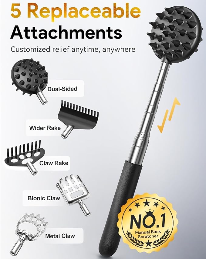 Telescoping Back Scratcher with 5 Detachable Heads, Gift for Men Black | 10-30" Reach, Stainless Steel Pole, Rubber Grip, Christmas Stocking Stuffers, White Elephant, Anniversary and Birthday Gift