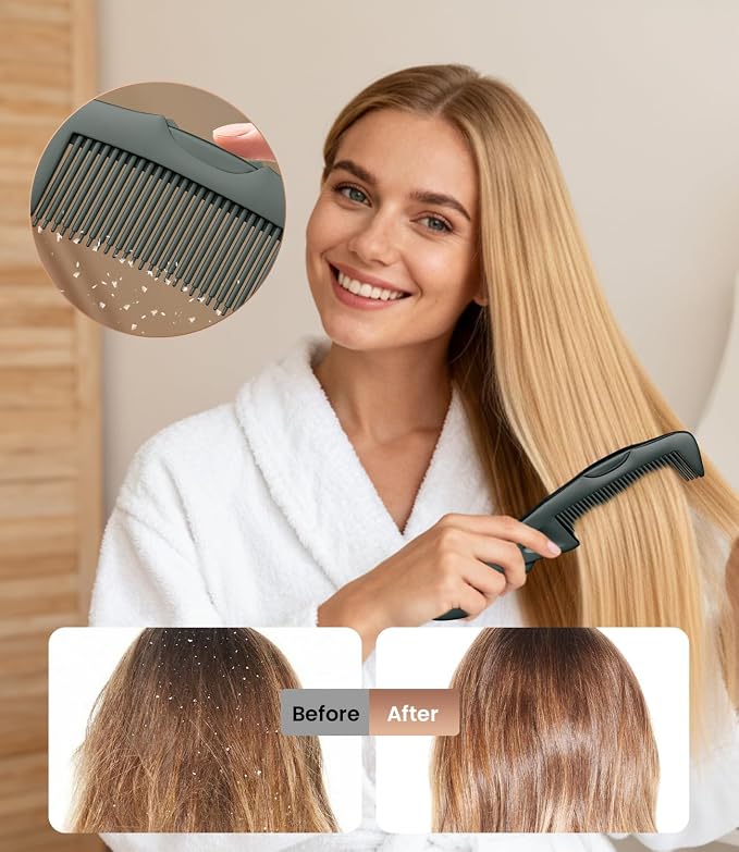 Dandruff Comb Removal 2PC Hollow Fine Tooth Scalp Detox Hair Care Tool | Upgraded Stainless Steel Teeth, with Gift Box, Build up Flake, Self Cleaning, Button-Release Design, for Women Men Kid, Green