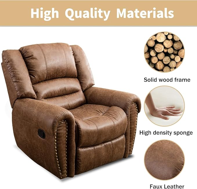 Leather Recliner Chair Set of 2, Classic and Traditional Manual Recliner Chair with Comfortable Arms and Back,Manual Single Recliner Sofa for Living Room, Nut Brown