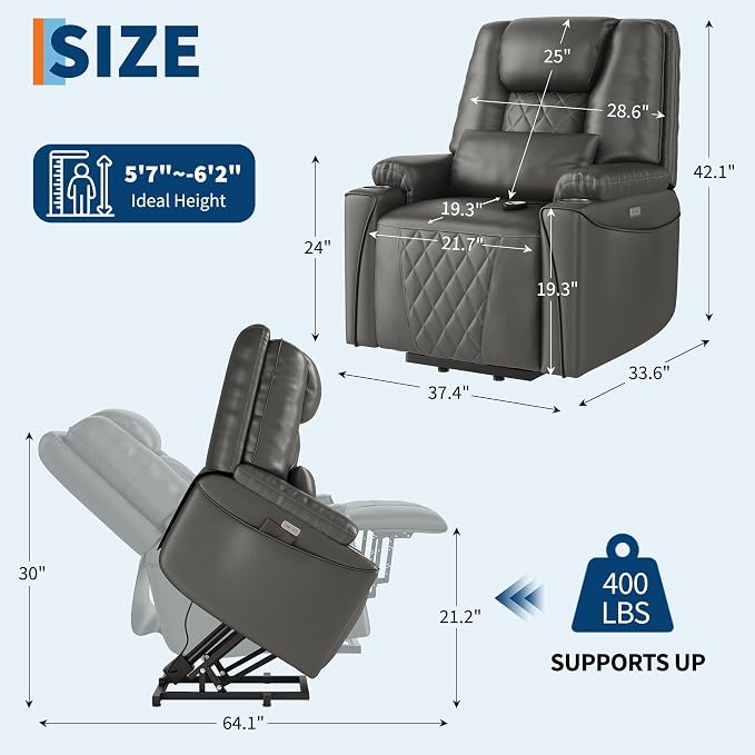 Recliner Chair, Electric Power Lift Chair with Remote, Stand Assist for Elderly, 3 Adjustable Positions, USB Charging Ports, Cup Holders, Side Storage Pockets, Comfortable Sofa for Living Room, Grey