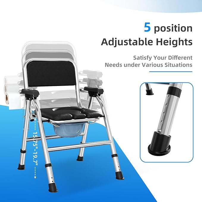 4 in 1 Folding Bedside Commode Chair for Elderly with Arms and Back,Adjustable Height Raised Toilet Seat with Handles,Adults Potty Chair for Seniors,Disabled and Pregnant (with Paper Roll Holder)