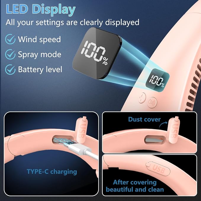 Misting Fan Neck Fans that Blow Cold Air-Foldable Fan with Water Spray Misting,Rechargeable Battery Neck Fan,Cordless Quiet Face Travel,Best Gifts for Mother'S Day Father'S Day Birthday Pink