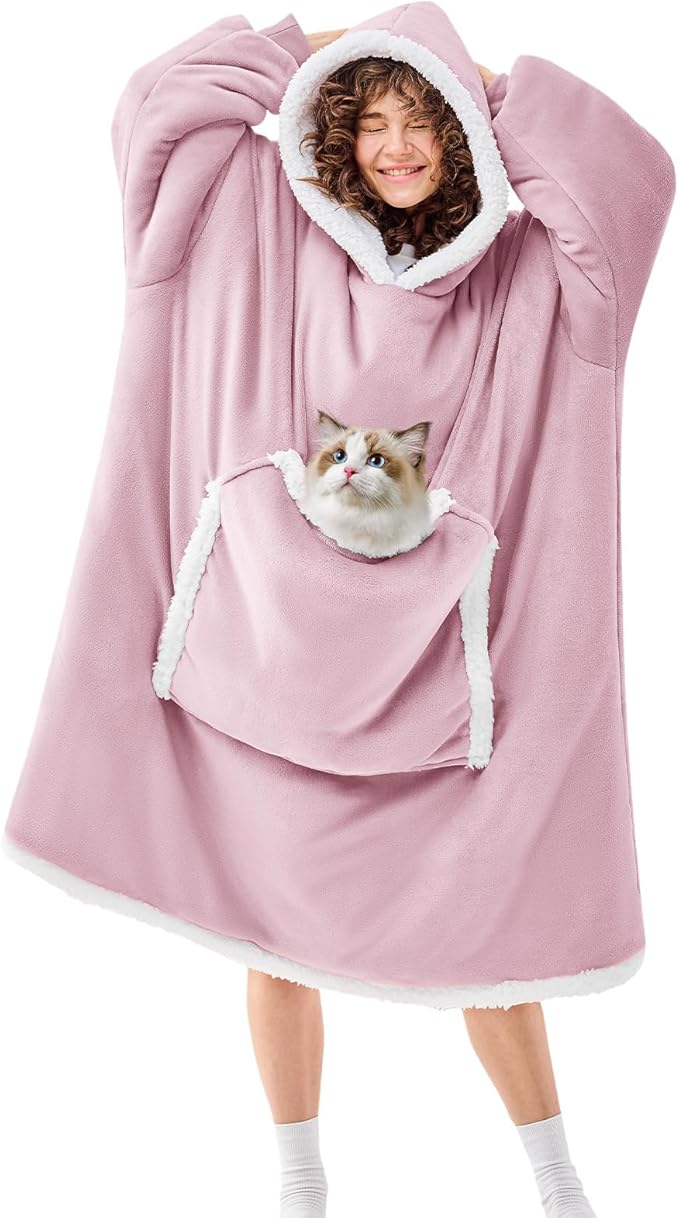 JOYWOO Purple Oversized Wearable Blanket Hoodie, Cat lovers Long Hoodie Blanket for Adult,Birthday Gifts for Women Men Wife,Cozy Fuzzy Sherpa Fleece Hooded Blanket Giant Pocket Gifts,Purple Oversize