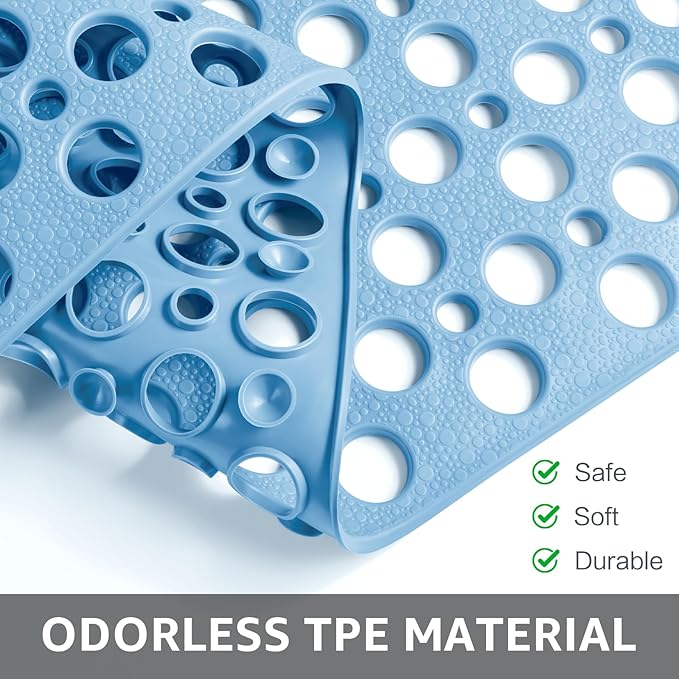 Yolife Large Shower Mat, 47" x 32" Non Slip Shower Mats for Inside Shower with Drain Holes and Suction Cups, No Odor Soft Shower Floor Mat, Blue