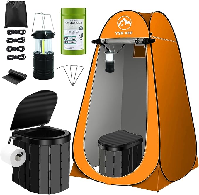 Portable Toilet Kit, Camping Toilet with Pop-Up Privacy Tent and Poo Gel Toilet Bags, Washable Portable Outdoor Showers Changing Rooms