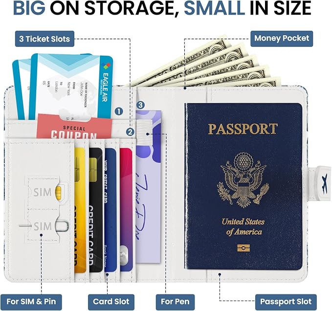 Passport Holder for Travel Essentials, RFID Blocking Leather Cover Wallet with Magnetic Closure, Aesthetic & Cute Passport Book Case for Women and Men - Blueflower
