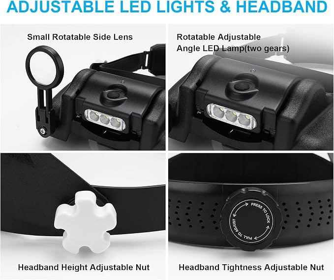 Dilzekui Magnifying Glass with Light 1X-14X, Rechargeable Headset Magnifier | 2 Lens Slots,Detachable Acrylic Magnifying Glasses Lens, Adjustable 2 Lightness, Head Magnifier for Close Work Jewelry Crafts
